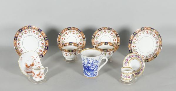 Four cups with saucers, two dessert saucers and a porcelain cup