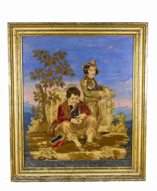 &quot;Principino con shepherdello&quot; Neapolitan painting with small stitch embroidery