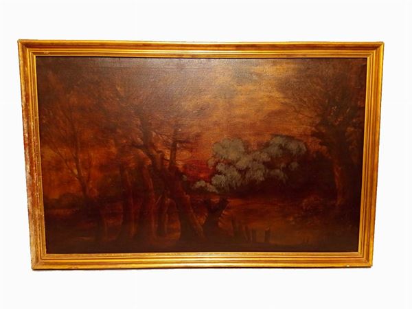 Scuola Italiana XX Secolo - &quot;Bosco autunnale al tramonto&quot; dipinto ad olio su tela 