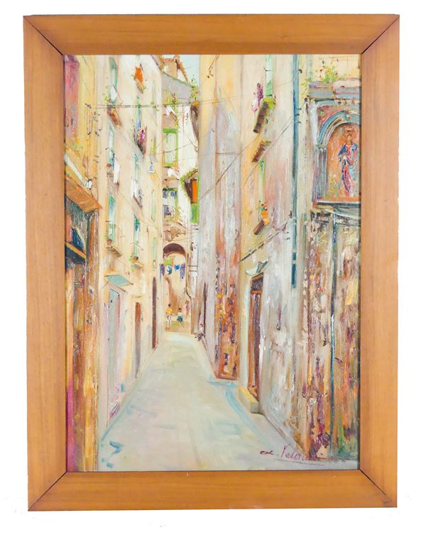 Pittore Napoletano XX Secolo - &quot;Alley of Salerno&quot;. Signed.