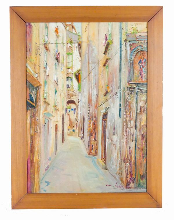 Pittore Napoletano XX Secolo - &quot;Vicolo di Salerno&quot;. Firmato, dipinto ad olio su tela