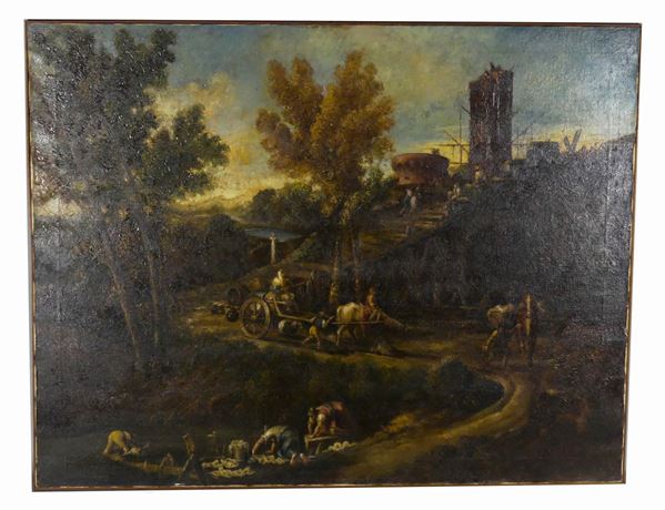 Scuola Italiana Inizio XX Secolo - &quot;Paesaggio seicentesco con personaggi e torre in costruzione&quot; 