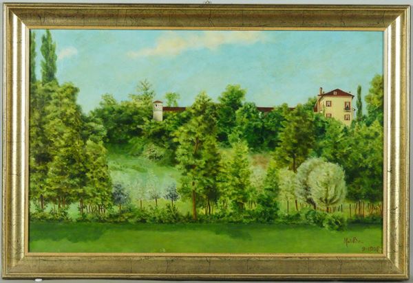 Scuola Italiana Inizio XX Secolo - &quot;Paesaggio con bosco e case sullo sfondo&quot;. Firmato e datato
