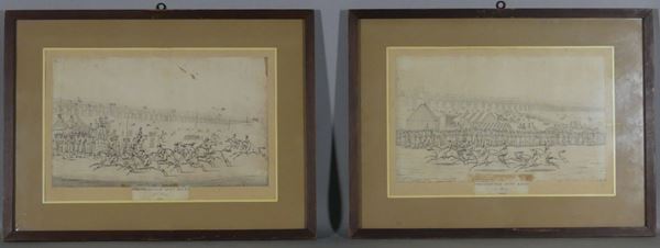 Pair of ancient engravings &quot;Horse racing&quot;