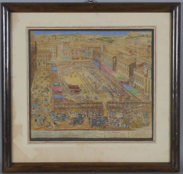 Antique watercolor engraving &quot;View of town square with carousel of horses and carriages&quot;