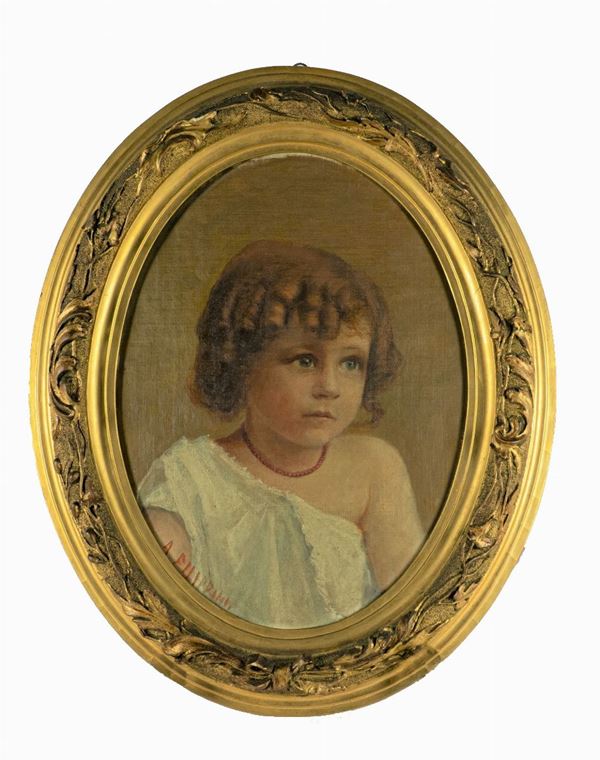 Pittore Italiano Fine XIX - Inizio XX Secolo - &quot;Portrait of a little girl with a coral necklace&quot;. Signed.