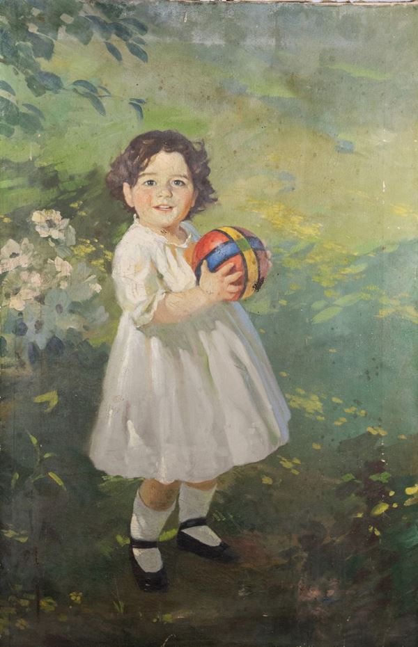 Pittore Italiano Inizio XX Secolo - &quot;Ritratto di bambina con palla nel parco&quot;
