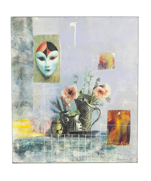 Arte Contemporanea - &quot;Abstract still life with flowers and mask&quot;
