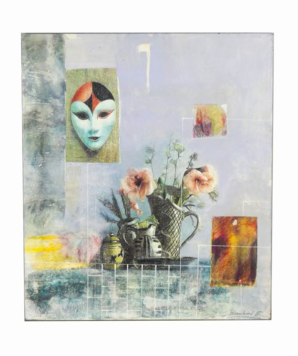 Arte Contemporanea - &quot;Natura morta astratta con fiori e maschera&quot; 
