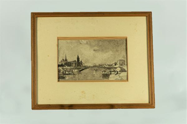 Sandro Pinetti - &quot;Veduta di citt&#224; con ponte e fiume&quot;. Firmato