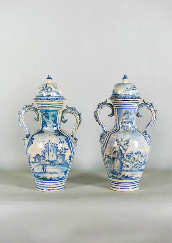 Pair of double-edged ornamental vases in Savona majolica