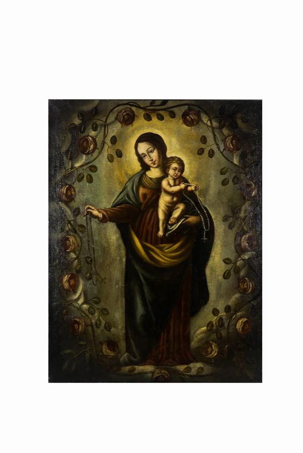 Scuola Italia Meridionale XVIII Secolo - &quot;Madonna con Bambino in una ghirlanda di rose&quot; 