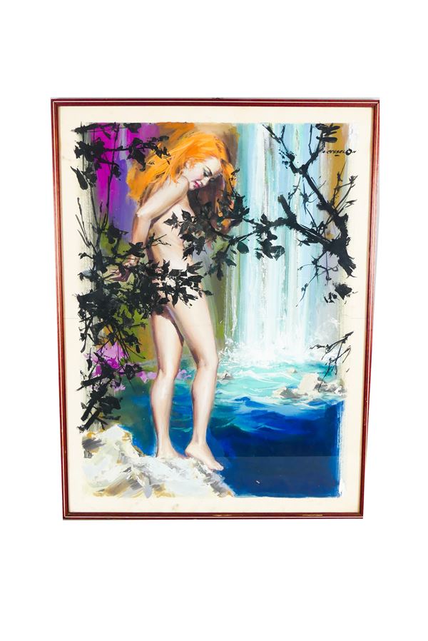 Angelo Cesselon - &quot;Naked girl at the waterfall&quot;. Signed.