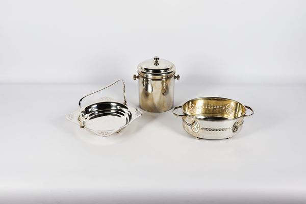 Two sheffield baskets and a silver metal ice bucket