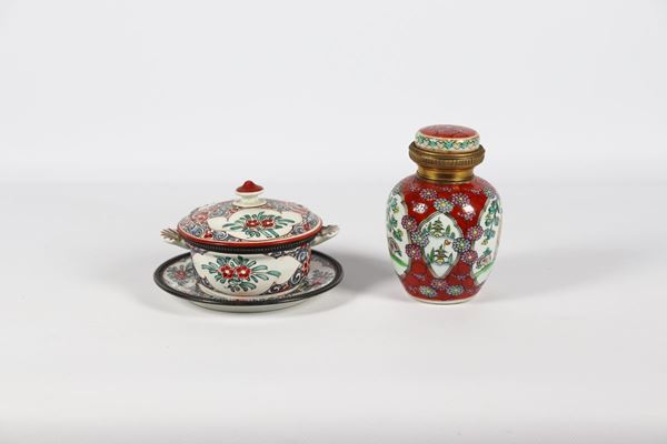 Lotto in porcellana di una Tazza da puerpera con piattino e una Potiche cinese
