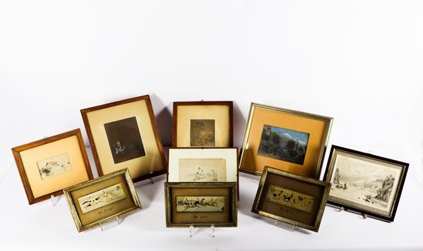 Lot of nine small drawings and engravings on fabric