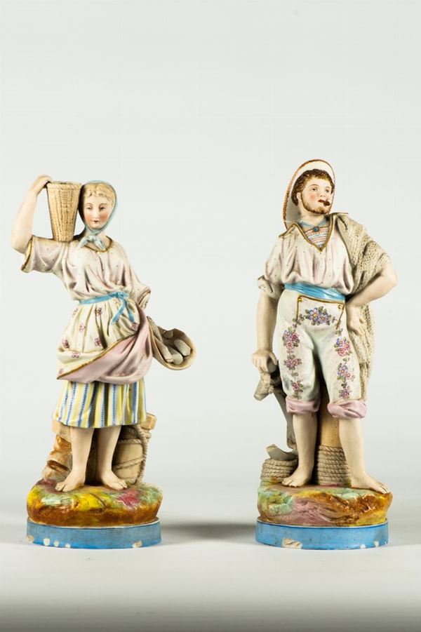 Coppia di statuine &quot;Pescatore e venditrice di pesce&quot;