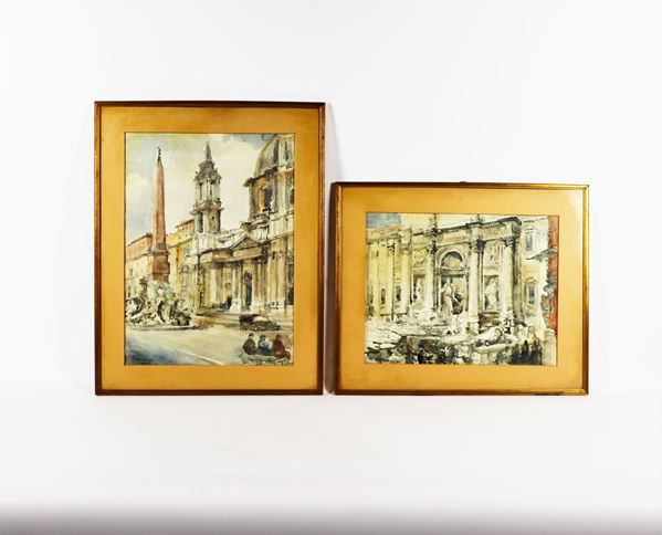 Giulio  Brunacci - &quot;Piazza Navona e Fontana di Trevi&quot;. Firmati. 