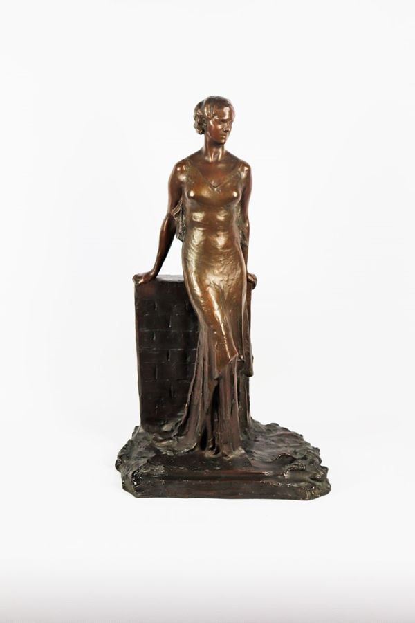 Torquato Tamagnini - Bronze sculpture &quot;Pensive young lady&quot;. Signed.