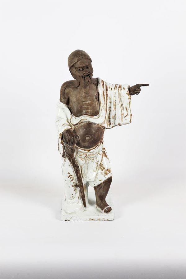 Fantoni Ceramiche - Florence. &quot;Old Chinese holy man&quot; glazed terracotta sculpture
