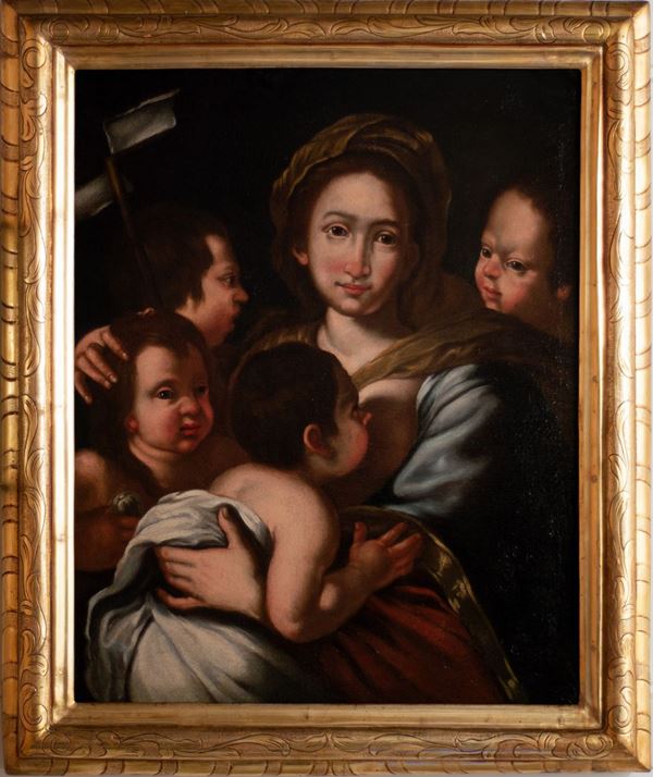 Maestro Bolognese XVII Secolo - “Madonna che allatta il Bambino e angioletti” 