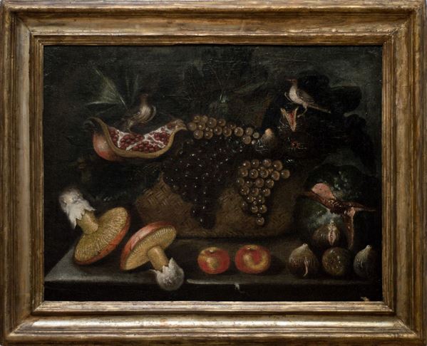 Maestro Lombardo XVII Secolo - “Natura morta con cesto di uva, funghi ed uccellini&quot; 