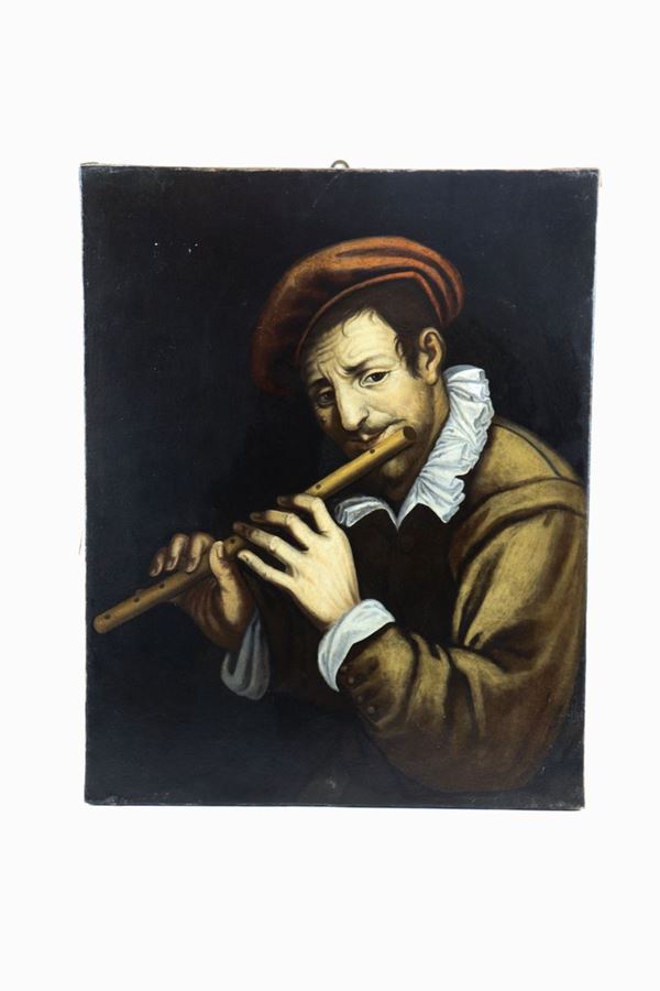 Maestro Post Caravaggesco XVII Secolo - &quot;Suonatore di flauto&quot; 