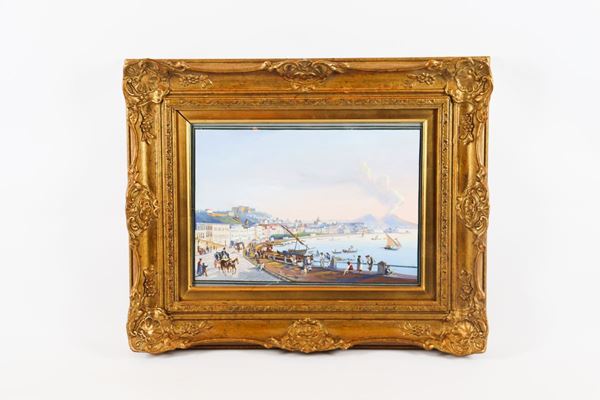 Gouache Napoletana su carta &quot;Veduta del Golfo di Napoli con il Vesuvio e personaggi&quot;