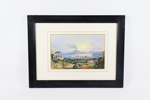 Gouache Napoletana su carta &quot;Veduta del Golfo di Napoli con il Vesuvio e contadini&quot;