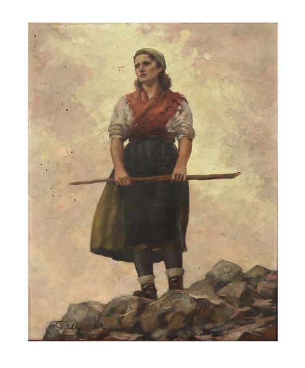 Tito Corbella - &quot;The shepherdess on the promontory&quot;. Signed, oil painting on plywood