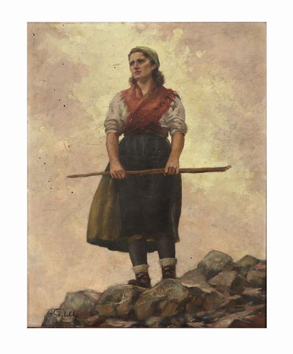 Tito Corbella - &quot;La pastorella sul promontorio&quot;. Firmato, dipinto ad olio su compensato