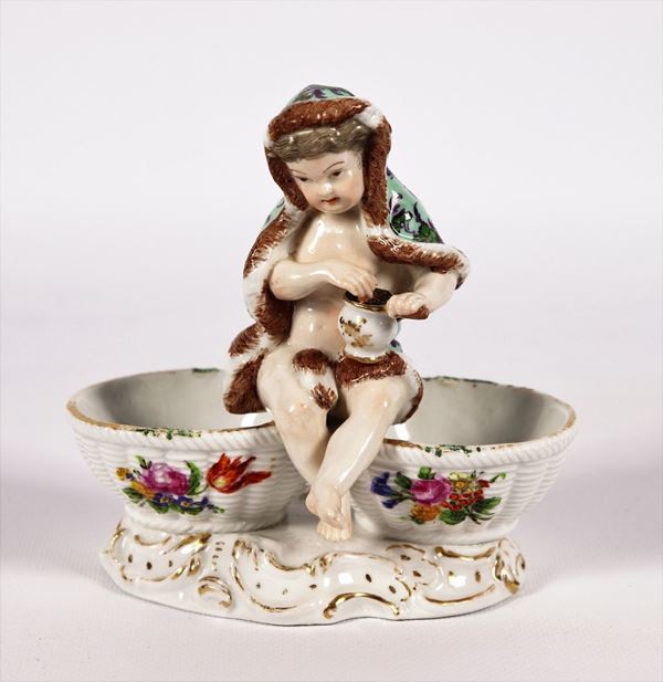 Salt cellar with &quot;Putto and baskets&quot; in polychrome Meissen Augustus Rex porcelain