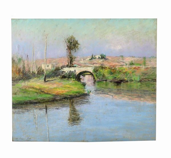 Antonio Cannata - &quot;Paesaggio collinare con ponte e corso d&#39;acqua&quot;. Firmato, pastello su cartone