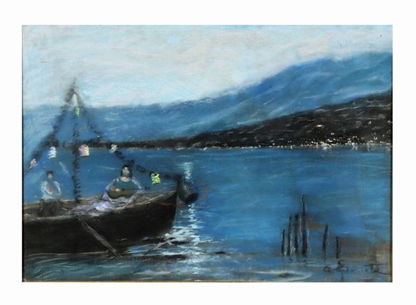 Antonio Cannata - &quot;Serenata a mare nel golfo di Sapri&quot;. Firmato, pastello su compensato 