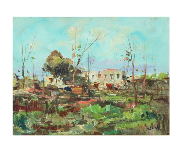 Romolo Leone - &quot;Veduta di campagna con case contadine&quot;. Firmato, piccolo dipinto ad olio su cartone