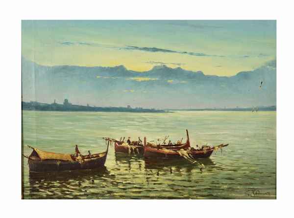 Gennaro D'Amato - &quot;Pescatori al tramonto&quot;. Firmato, piccolo dipinto ad olio su tela