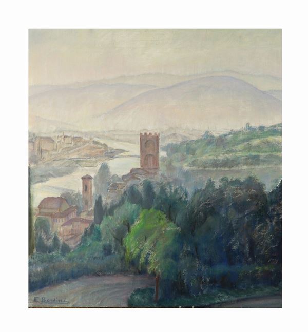 Emma Bardini - &quot;Paesaggio con veduta panoramica e l&#39;Arno&quot; dipinto ad olio su tela