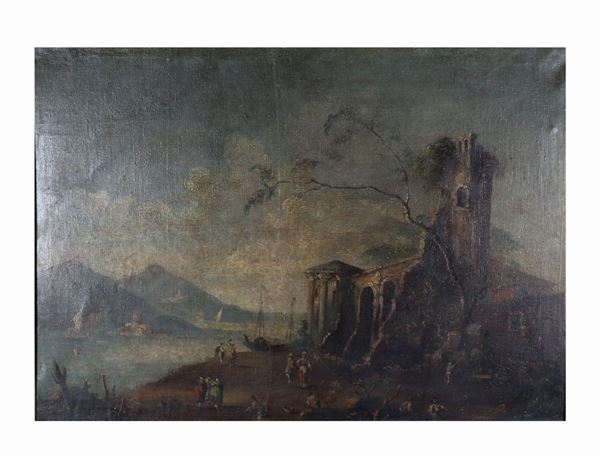 Scuola Italiana Inizio XIX Secolo - &quot;Paesaggio con castello, ruderi e tempio&quot; dipinto ad olio su tela