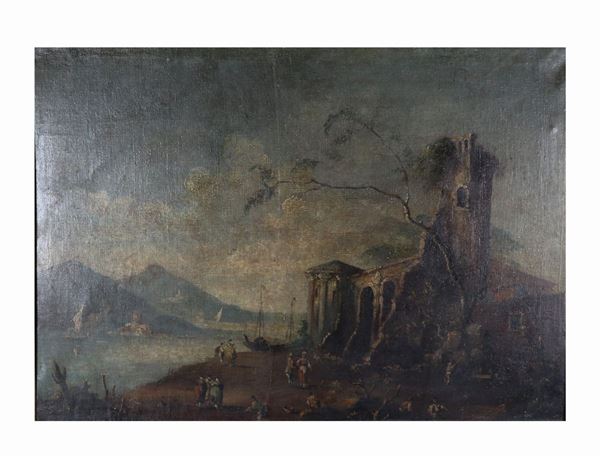 Scuola Italiana Inizio XIX Secolo - &quot;Paesaggio con castello, ruderi e tempio&quot; dipinto ad olio su tela