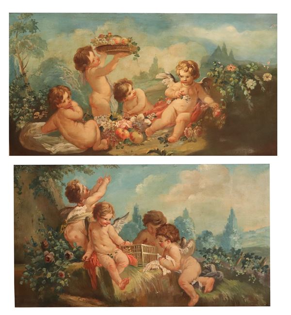 Scuola Romana Met&#224; XVIII Secolo - "Allegorie di Putti festanti" coppia di dipinti ad olio 