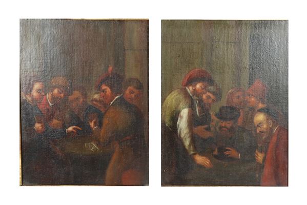 Scuola Italiana Inizio XIX Secolo - &quot;Interni di locanda con giocatori di carte&quot; coppia di piccoli dipinti ad olio su tela