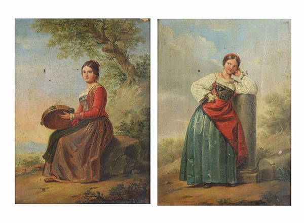 Luciani G.B. (attivo Met&#224; XIX Secolo) - &quot;Girls in costume of Gaeta&quot; pair of small oil paintings on canvas