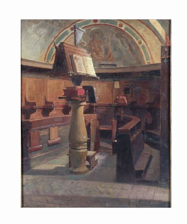 Scuola Italiana XIX Secolo - &quot;Interno di chiesa con coro&quot; dipinto ad olio su tavoletta