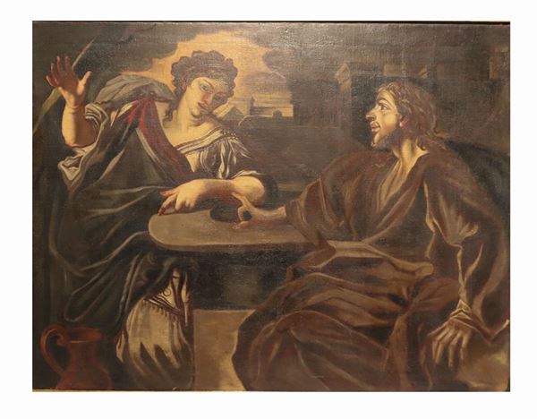 Scuola Bolognese XVIII Secolo - &quot;Ges&#249; e la samaritana al pozzo&quot; dipinto ad olio su tela