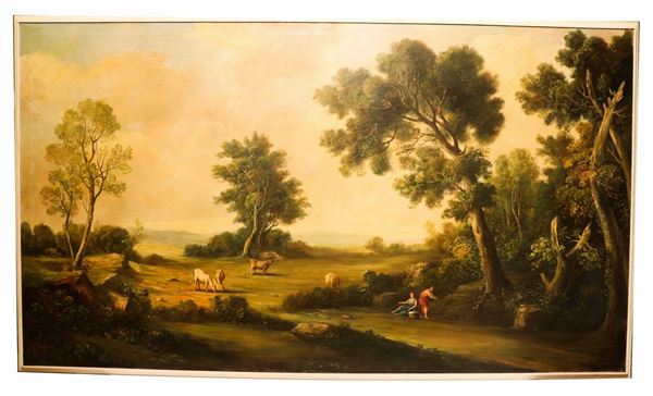 Giuseppe Cafaro - &quot;Landscape with shepherds and herds&quot;. Signed, large oil painting on canvas