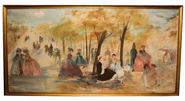 Pittore Francese post - impressionista - &quot;Veduta di Avenue des Champs Elysees con personaggi&quot; grande dipinto ad olio magro su tela applicata a compensato