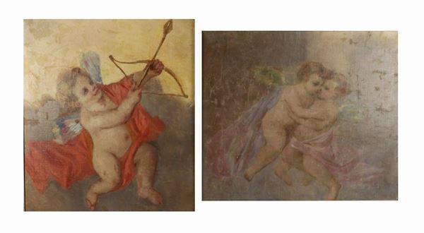 Scuola Italiana XIX Secolo - &quot;Amorini e Cupido&quot; lotto di due dipinti ad olio magro su tela