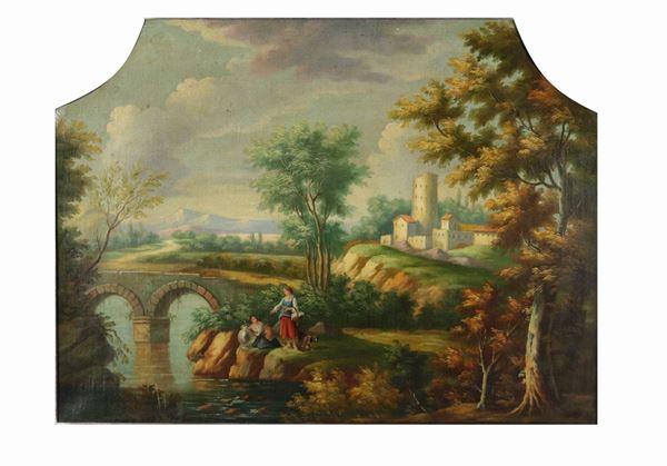 Scuola Veneta Fine XIX Secolo - &quot;Paesaggio con corso d&#39;acqua, ponte e contadinelle&quot; dipinto ad olio su tela a sesto ovale