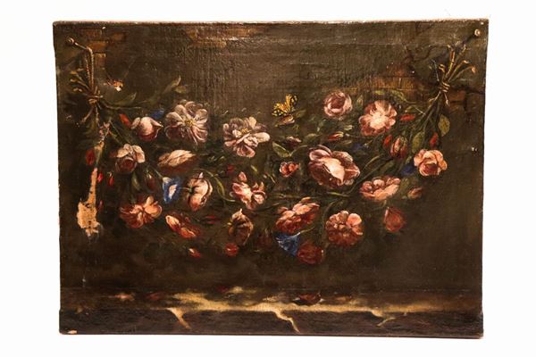 Scuola Italiana Fine XVII Secolo - "Still life of flowers" oil painting on canvas