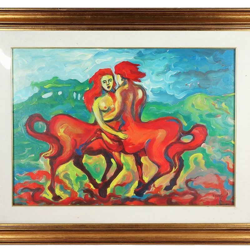 "Centauri". Firmato e datato 1988, dipinto ad olio su tela